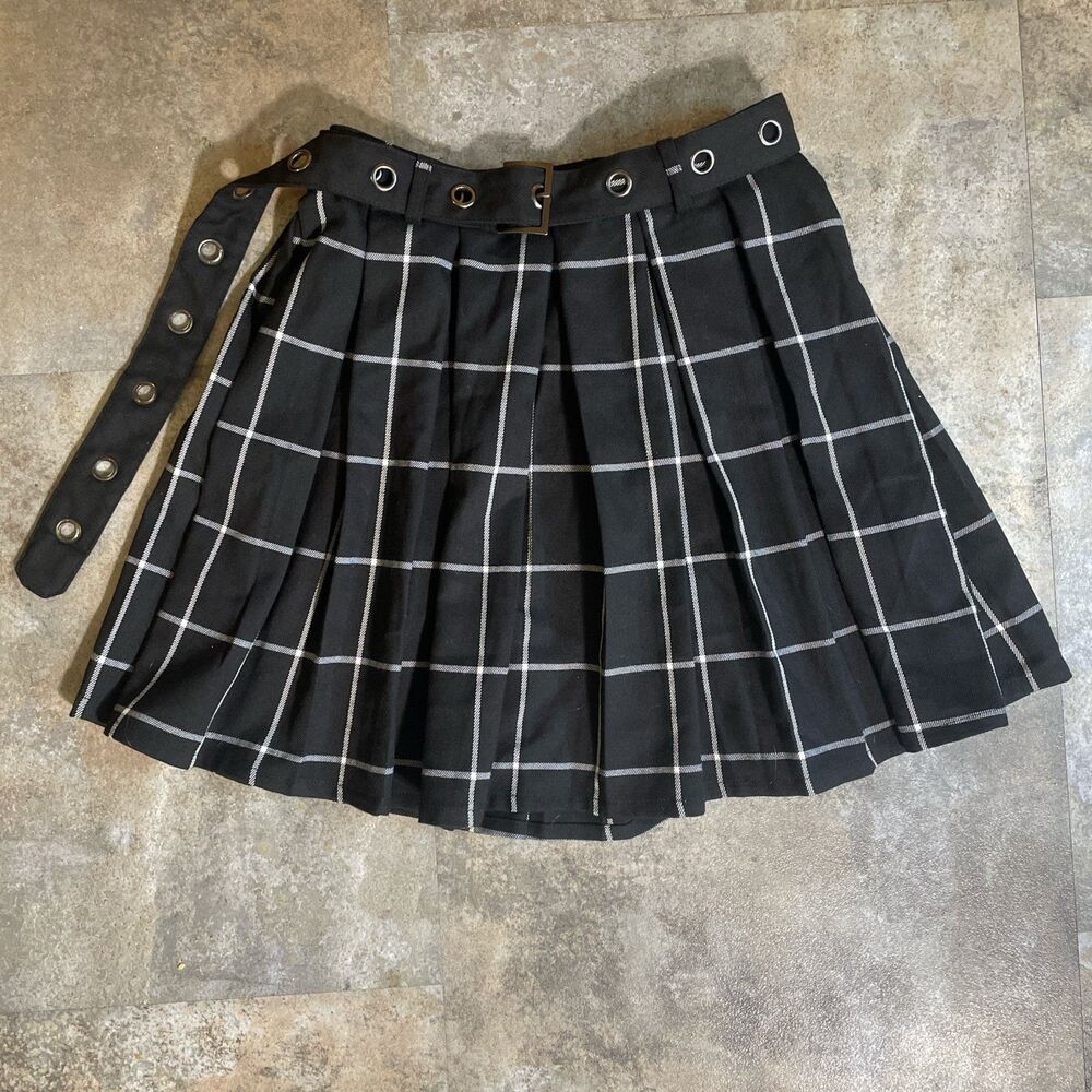 hot topic pleated grid line plaid black high waisted mini skirt size extra small